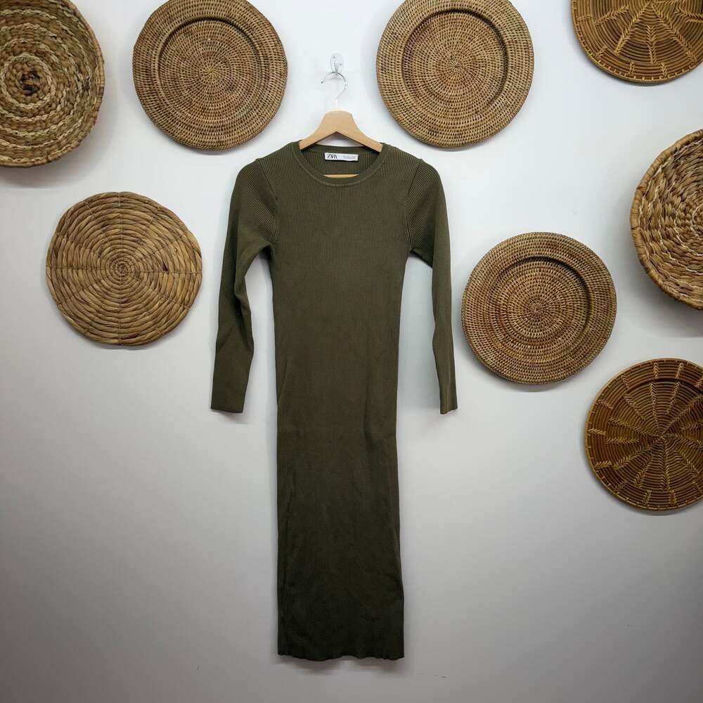 Zara Green Ribbed Long Sleeve Midi Dress Medium